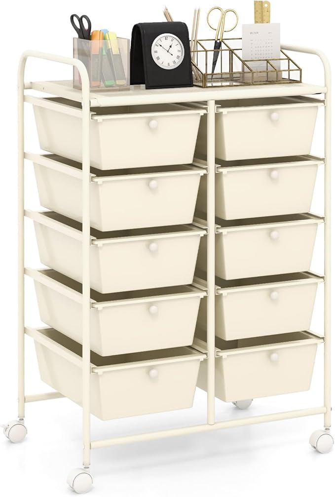 HAPPYGRILL 10-Drawer Rolling Storage Cart, Storage Organizer Cart with Lockable Wheels, Beauty Salon Movable Utility Cart for School, Office, Home, (Ivory)