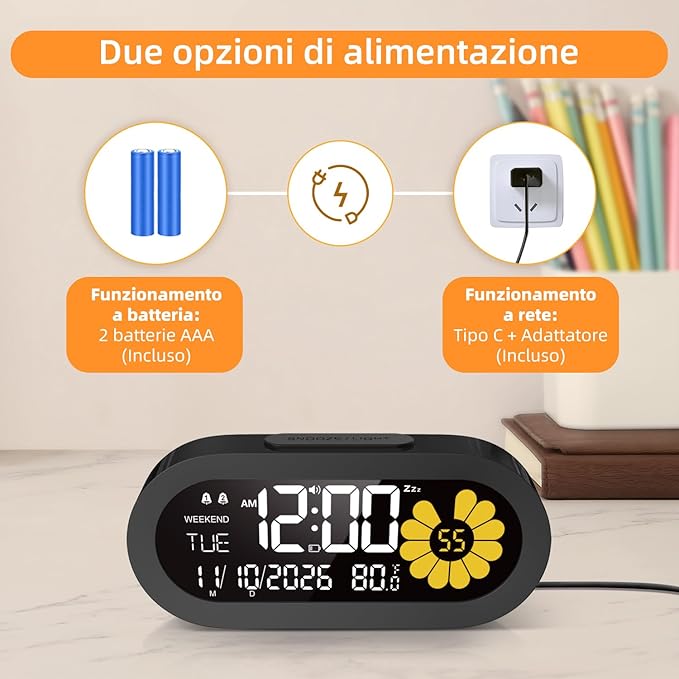 DOOMAY Digital Alarm Clock for Bedroom: Dual Alarm Bedside Clock VA LCD Display with Seconds, 9-Minute Snooze and Weekend Mode, 3 Brightness, 4 Alarms and 3 Volume Levels，Type C & Battery Included