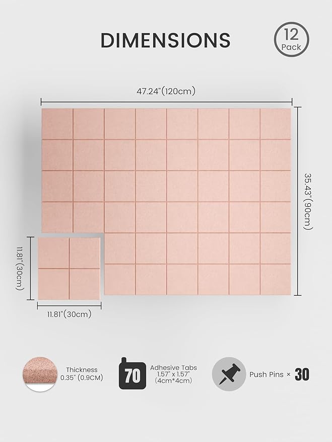 Bumusty Large Cork Board Alternative-47 x35 Felt Bulletin Board Tiles, with 30 Pushpins, 70 Adhesive Tabs, 12-Pack Slat Wall Paneling, Cork Boards for Office Push Pin Board Felt Board-Pink