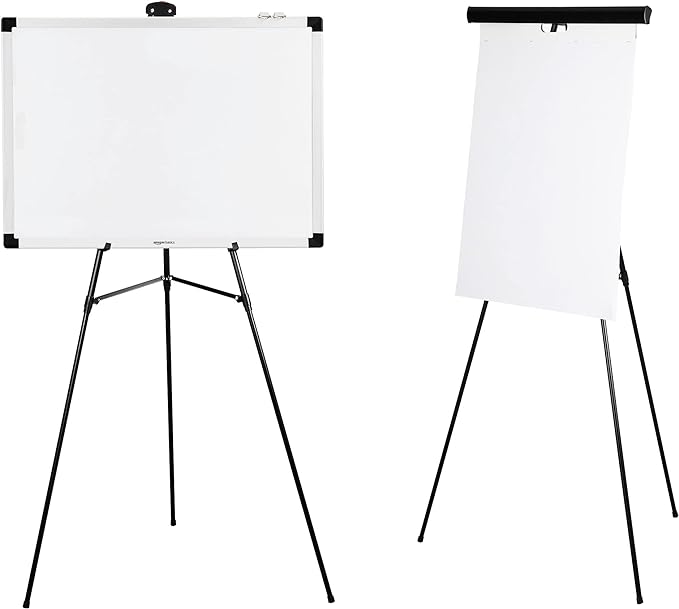 Amazon Basics High Boardroom Black Aluminum Flipchart Whiteboard and Display Easel Stand with Adjustable Height Telescope Tripod, Black, 37 x 18 x 28 Inches