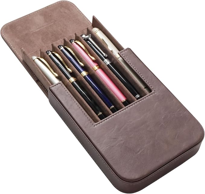 MIVLXLX Leather 6 Fountain Pen/Pencil Tray Case, Handmade, Magnetic Closure with Drawer Design, Gift Choice for Man/Woman/Office, 6 Slots（gray）
