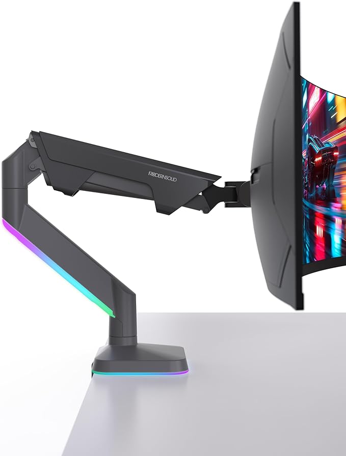 Modernsolid Heavy Duty Ultrawide Monitor Arm with RGB Lighting & USB Charging, Fits 34 to 49 inch Curved Screens, Supports 14 to 38 lbs, Adjustable Desk Mount, Gaming Setup, Black