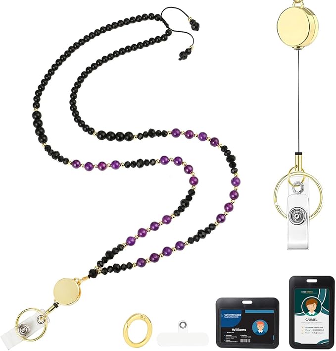 AIDSOTOU Lanyards for ID Badges and Keys,Natural Stone Beaded Teacher Lanyard for Women,Retractable Lanyard with ID Holder Cute Lanyards for Teachers (Purple)