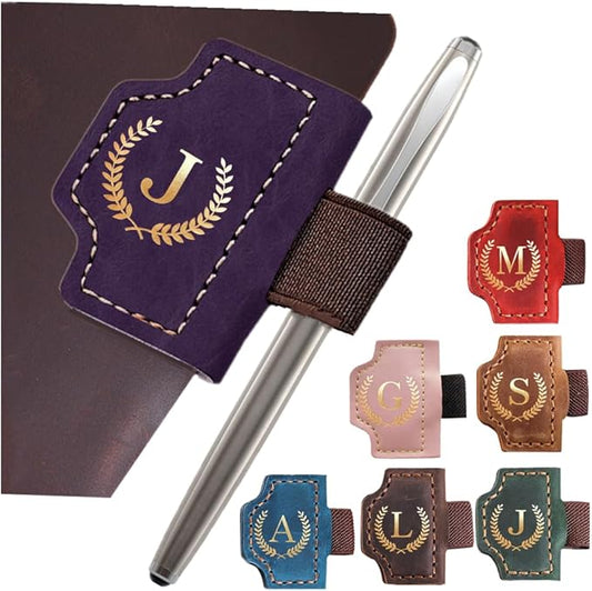 Personalized Mark Bookmark with Pen Holder, Leather Magnetic Book Marker 26 Letters,Custom Initials Page Marks, Gifts for Book Lovers Readers Men Women (Purple, J)