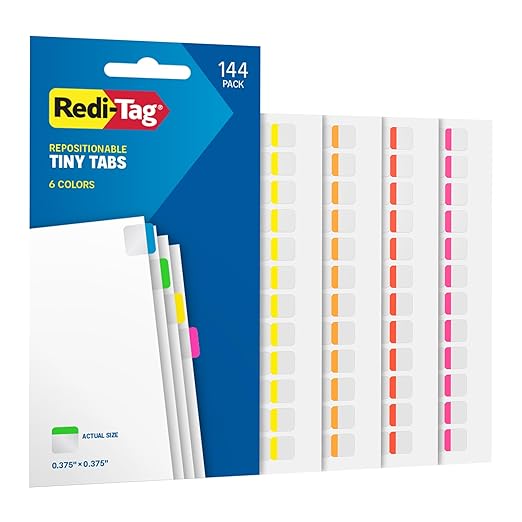 Redi-Tag Tiny Tabs, 144 Pack, Durable Page Markers for Organizing, Mini Flags for Highlighting Notes, Books and Documents, Permanent Adhesive, 6 Neon Colors, 0.375 x 0.375 inches (1016715)