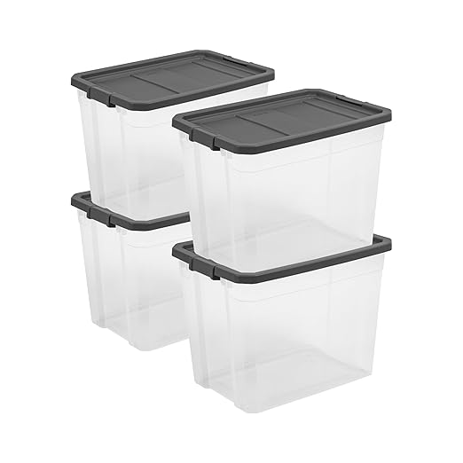 Sterilite 4-Pack Modular Stacker Box, Durable Clear Plastic Storage Bins with Latching Lids, 108 Quart - Stackable Organizing Container Boxes for Closet, Bathroom, and Office