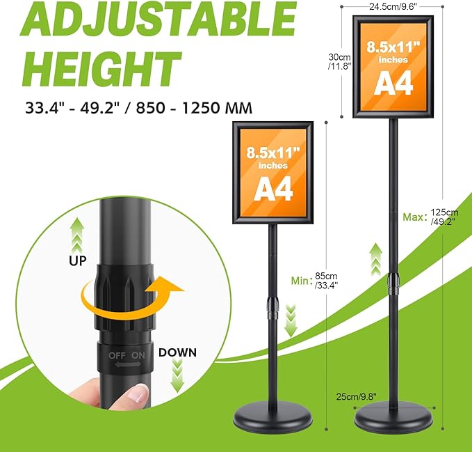 RedChili Floor Standing Sign Holder Stand for 8.5x11 Inches Poster or Chalk Board, Pedestal Sign Holder with Snap Open Frame,360° Rotation,Adjustable Post Height Outdoor Indoor Standing Display Sign Holders for Advertising (Black, Sharp Corner)