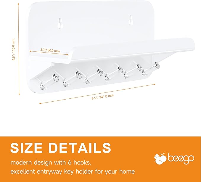 Beego Entryway Key Holder for Wall - White Acrylic Key Rack with Shelf Decorative Key Hanger Wall Mount Mail Organizer with 6 Key Hooks for Office Hallway Kitchen Living Room Home Décor