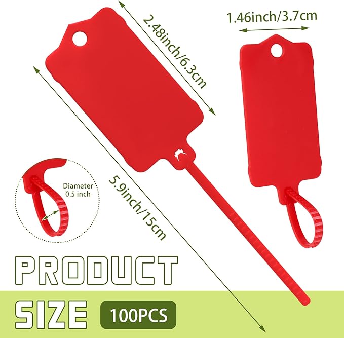 LeonBach 100 PCS Plastic Shipping Tags, 1.46" x 2.48", Waterproof Labels Writable Hanging Tag with Sealing Strap, Shipping Cable Tie Label Tags for Keys Luggage Logistic Retail Inventory(Red)