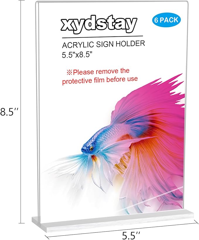 xydstay 6pack Acrylic Sign Holder 5.5 X 8.5, Vertical T Shape Clear Plastic Menu Holder, Unbreakable Table Sign for Restaurant, Office, School, Store and Home Use
