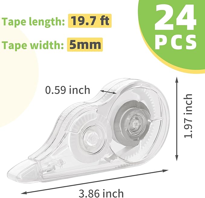 JEFURE 24 Pcs Transparent Correction Tape, 236 Inch Tear-Resistant Bulk for School, Office, Note Taking, Journal (Tape Width 0.2 In)