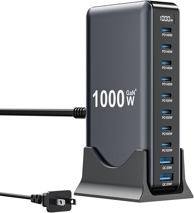 1000W USB C Charger Block,10-Port USB C Charging Station GaN IV Travel Essentials Multiple Port Charging Station,140W Laptop Fast Charger Adapter for MacBook Pro/Air,DELL,iPad,iPhone,Samsung Galaxy