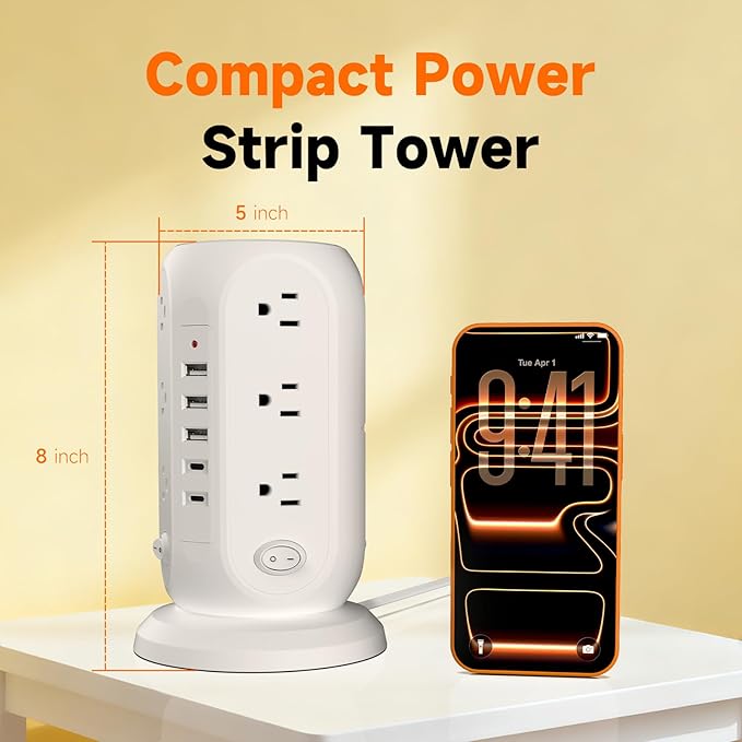 Tower Power Strip with 12 Outlets and 5 USB Ports (2 USB-C), Flat Extension Cord 10 Ft, Surge Protection 1250W Multiple Outlets Charging Station for Home Office Dorm Room
