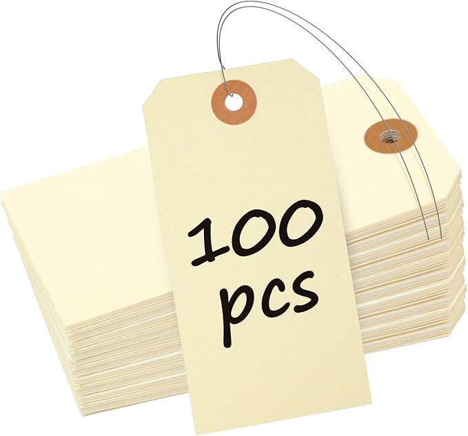 Uniclife 100 Pcs Manila Tags Blank Shipping Tag with Wire Attached 4.7 Inch Paper Hang Tag with Reinforced Eyelet Large Marking Writable Price Tags Inventory Label, 4.7" x 2 3/8"