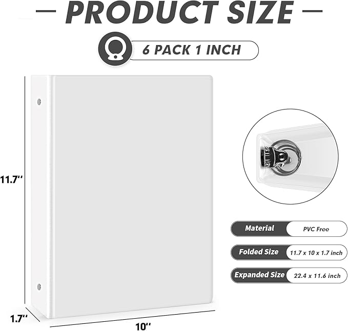 3 Ring Binder 1 Inch, PANDRI 6 Pack 1-Inch Binder Fits Letter Size 8.5'' x 11'' Paper, Versatile Binders for Office Home School, 2 Pockets, White