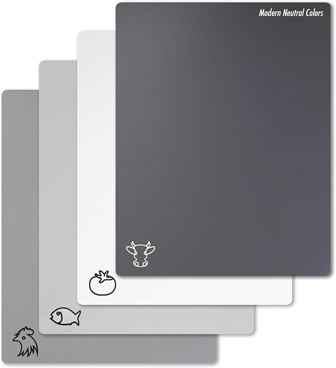Fotouzy Flexible Plastic Cutting Board Mats with Food Icons, BPA-Free, Non-Porous, 100% Non-slip Back and Dishwasher Safe, Unique Modern Neutral Colors, Set of 4
