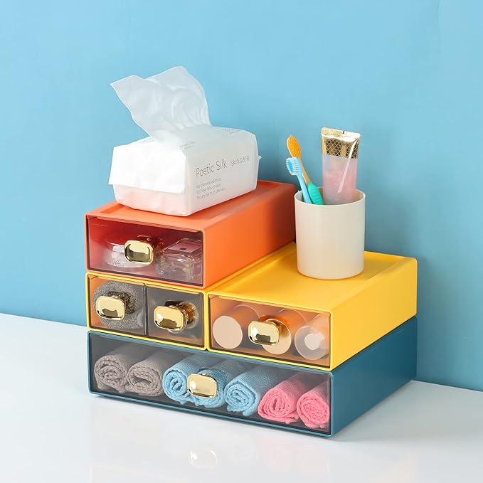 Spacious Desk Drawers, Stackable Desktop Organizer, Plastic Storage Box for Office, School & Home Supplies (4 Small Drawers, OG & YE)