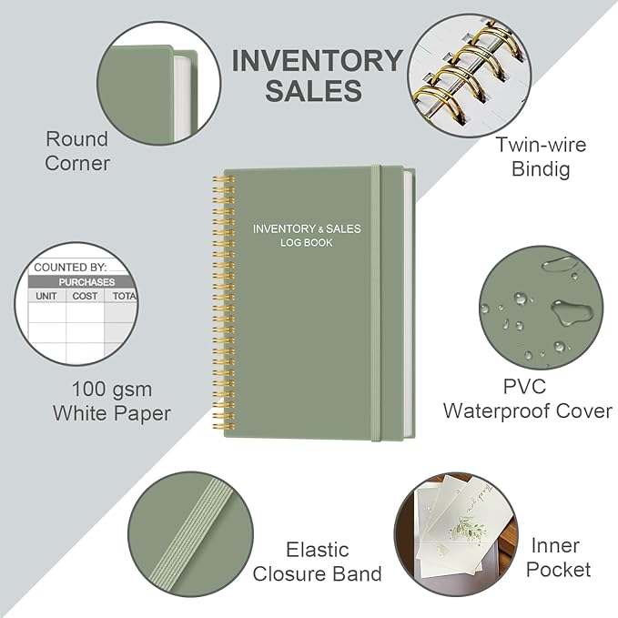 Inventory & Sales Log Book for Small Business – Inventory Ledger Book, Inventory Notebook, Order Tracker for Purchases, Sales & Reorders, 5.8" x 8.5", Green