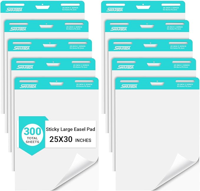SHARBDA Sticky Easel Pad, 25 in x 30 in,Flip Chart, Chart Paper for Teachers, Large Self-Stick Easel Paper,Super Sticky & Bleed-Resistant,30 Sheets/Pad,10 Pads