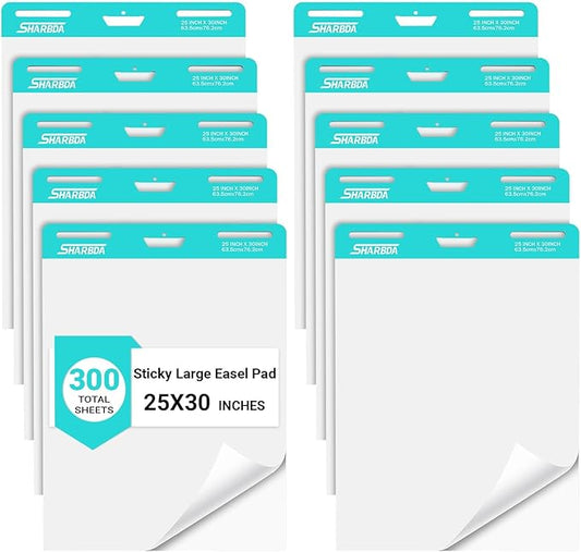 SHARBDA Sticky Easel Pad, 25 in x 30 in,Flip Chart, Chart Paper for Teachers, Large Self-Stick Easel Paper,Super Sticky & Bleed-Resistant,30 Sheets/Pad,10 Pads