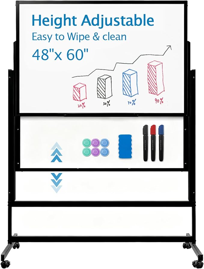 48 x 60 Inch Height Adjustable Dry Erase Whiteboard with Stand and Wheels, Mobile Dry Erase Board with Double-Sided Magnetic Whiteboard for School, Office, or Home, Black