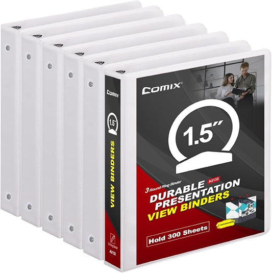 COMIX Sturdy 3 Ring Binder 1.5 inch with Clear View Cover, 1-1/2" Round Ring View Binder, PVC-Free, 2.4mm-Thick, 300 Sheets Capacity of US Letter Size Paper, Office ＆ School Supplies, 6 Pack (White)