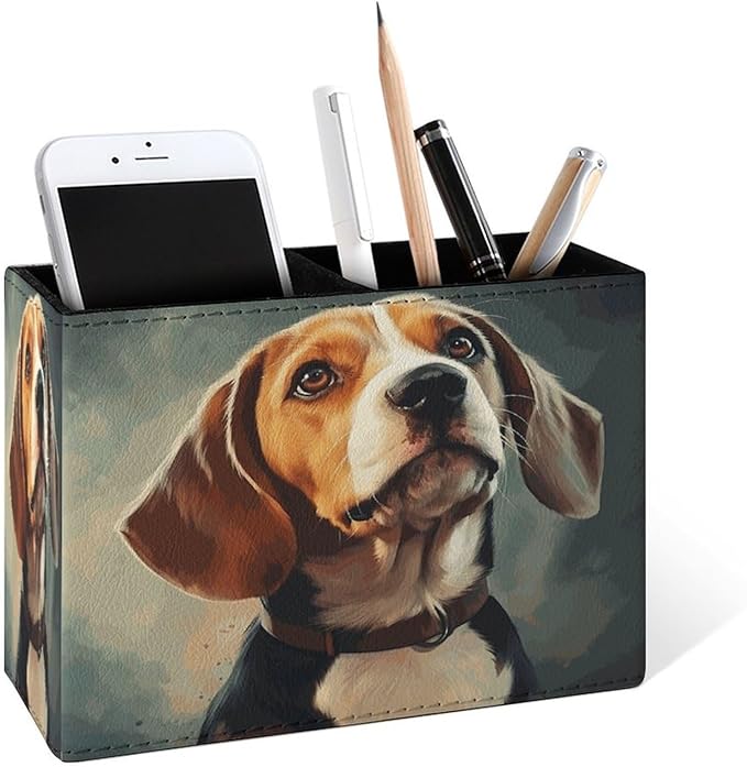 Famame Oil Painting Beagle Dog Pencil Holder for Desk, Leather Desktop Container Pen Cup Storage Study Table Pen Organizer Makeup Brush Holder for Classroom Office Home