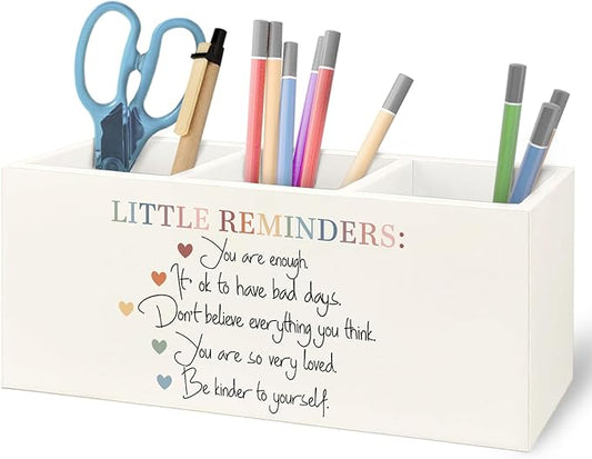 URLLUAE Little Reminders Mental Health Wooden Pen Pencil Holder for Office Desk Accessories, Therapist Gifts, Mental Health Positive Affirmations Makeup Brush Toothbrush Holder Organizer