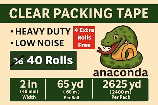AnacondaGrip 40 Rolls Clear Packing Tape – Heavy Duty 2” Wide x 65 Yards per Roll, 2625 Total Yards | Shipping, Moving & Storage Box Sealing