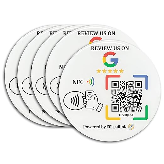 Epoxy Sticky Card with NFC Chip & QR Code - Compatible with Google Business Page for Customer Reviews, Boost Business Reviews, Essential for Small Businesses, No App, No Monthly Fee (White-5 Cards)