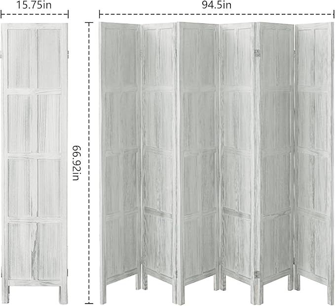 Leesinwing Wood Room Divider 6 Panel Folding Privacy Screen, Classic 5.6Ft Indoor Wooden Partition, Portable Partition Wall Divider for Room Separation, Home, Office, Bedroom, Restaurant (White)