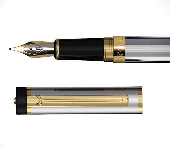 Dryden Designs Fountain Pen - Medium and Fine Nibs - Metallic Silver - Includes 24 Ink Cartridges - 12 Black and 12 Blue.