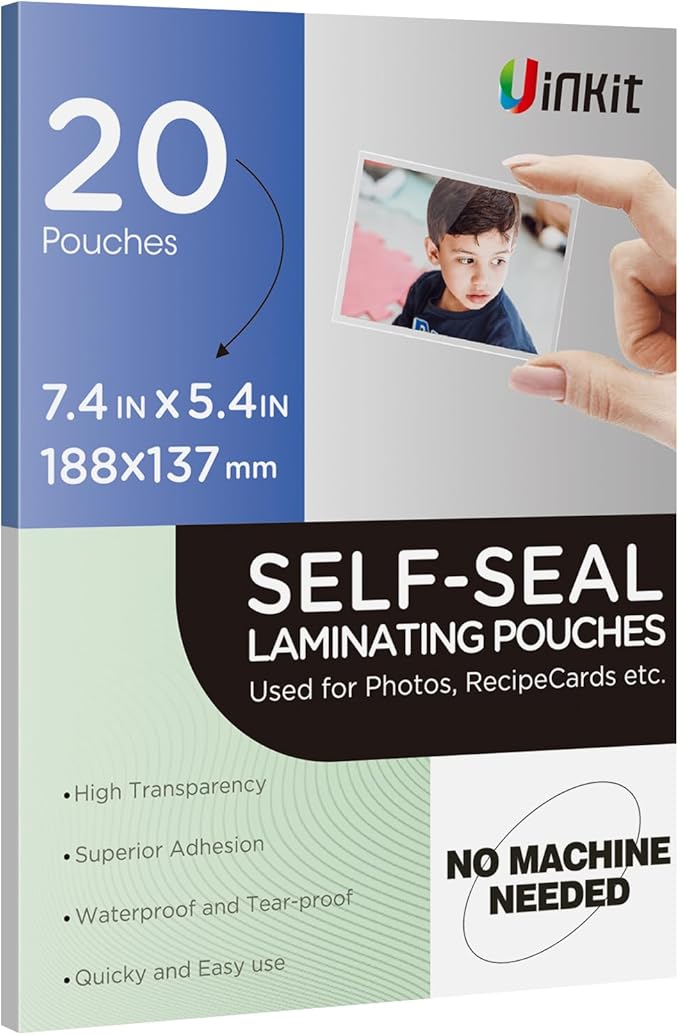 Uinkit 10Mil 20Pack 5”x7“ Double-Sided Self-Sealing Laminating Pouches, Thick for Certificates, Art Prints, Diplomas, Menus, Premium Display Protection with Crystal Clear Gloss Finish - No Machine