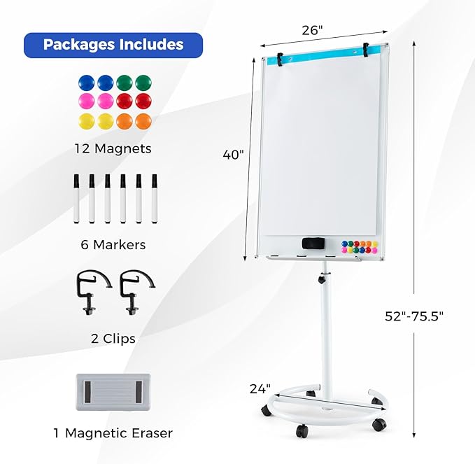 Goplus 40” x 26” Rolling Whiteboard, Height Adjustable Magnetic Dry Erase Board on Wheels with Round Stand, Paper Clips, Storage Tray, Paper Pad, Magnets, Markers, Mobile White Board for Office School