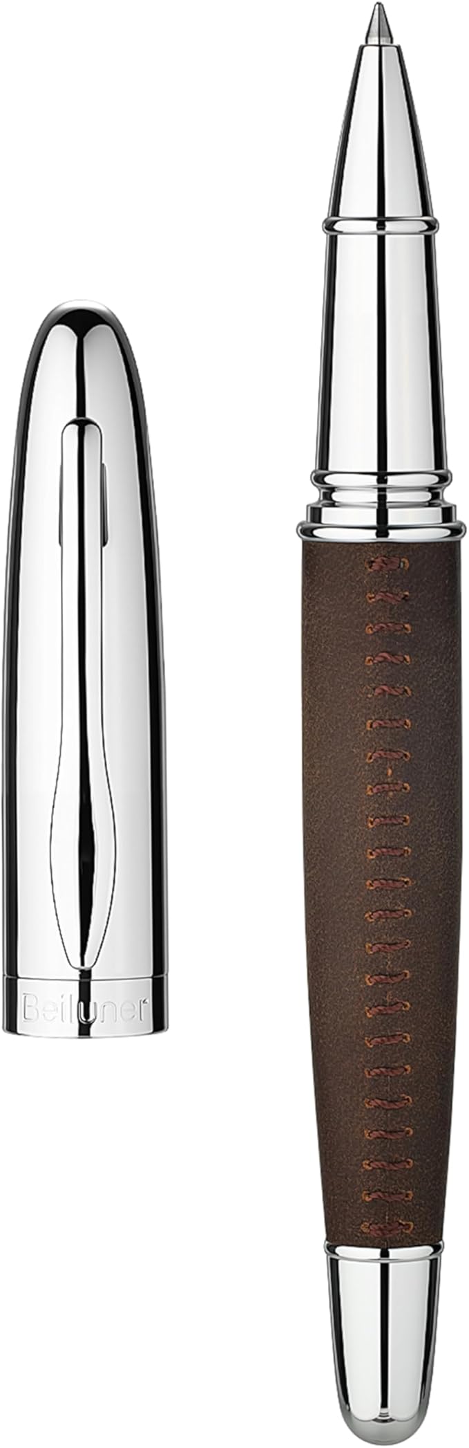 BEILUNER 318 Luxury Leather Pen, Full Grain Oil Tan Crazy Horse Cowhide Leather, Chrome-Plated Finish, Schmidt Ink Refill, Best Rollerball Pen Gift for Men & Women,Executive, Professional, Nice Pens
