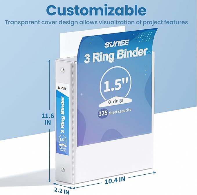 SUNEE 3 Ring Binder 1.5 Inch 1 Pack, Clear View Binder Three Ring PVC-Free (Fit 8.5x11 Inches) for School or Office Supplies, White