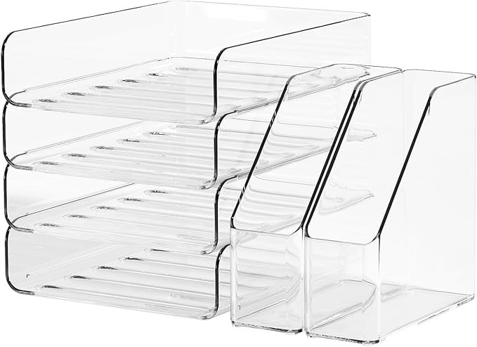 FANXIYQ 4-Tier Brown Acrylic Paper Tray Organizer for Desk + 2 Bookends – Stackable Letter Tray, Acrylic Desk Accessories/File Organizer, Office Paper Organizer