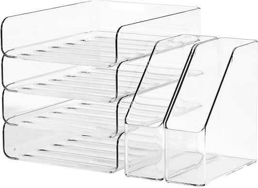 FANXIYQ 4-Tier Brown Acrylic Paper Tray Organizer for Desk + 2 Bookends – Stackable Letter Tray, Acrylic Desk Accessories/File Organizer, Office Paper Organizer