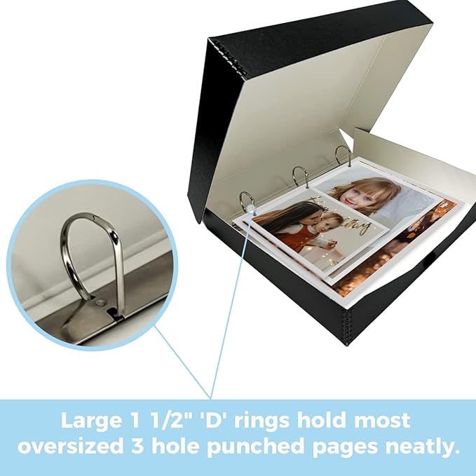 Lineco Archival Oversized 3-Ring Album Box with Clamshell Style Lid, Holds Up 55 Pages, 13.25 x 11.75 x 2.5 inch, Black