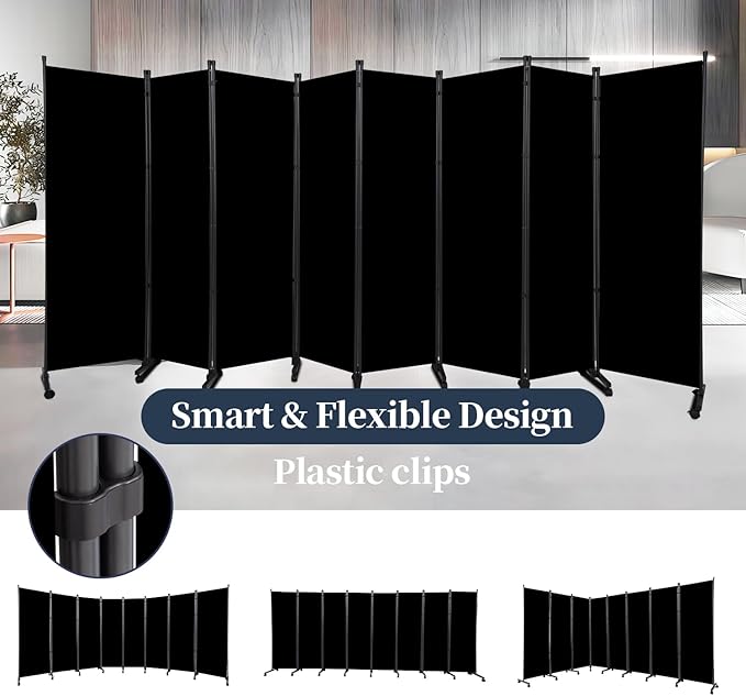 Room Divider Folding Privacy Screens with Lockable Wheels, 176'' Fabric Partition Room Dividers Freestanding Room Divider Panel for Room Separation, Wall Divider for Home Office Bedroom Studio Decor