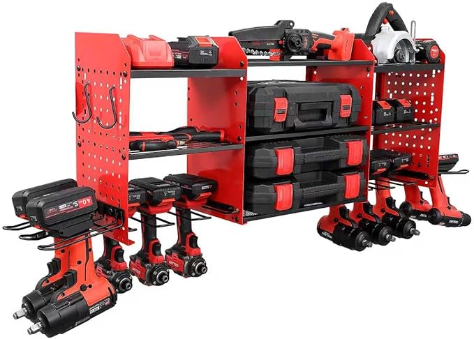 Large Power Tool Organizer Wall Mount with Charging Station, Heavy Duty Cordless Drill Holder, Garage Tool Storage Battery Rack with 8 Outlet, Gift for Men Husband Dad Birthday Anniversary Red