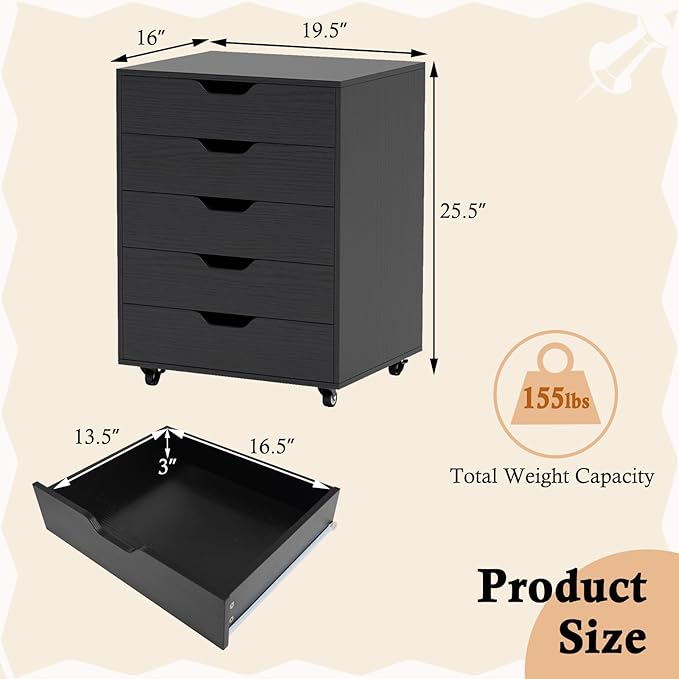 Giantex 5-Drawer Storage Cabinet, Mobile Lateral File Cabinet with Drawers, Wheels, Rolling Chest of Drawers, 19.5" x 16" x 25.5" for Office Under Desk Living Room, Study