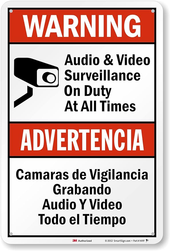 SmartSign 18 x 12 inch “Warning - Audio & Video Surveillance On Duty At All Times” Bilingual Sign, 63 mil Aluminum, 3M Laminated Engineer Grade Reflective Material, Red, Black and White, USA-Made