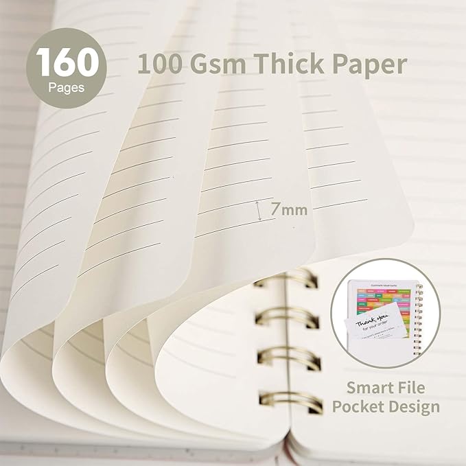 Spiral Notebook-5.75" x 8.125" College Ruled Journal with Inner Pockets and 160 Pages,PU Leather Cover Business Journal, Twin-Wire Binding Notebook Perfect for Office & Home School Supplies Light Grey