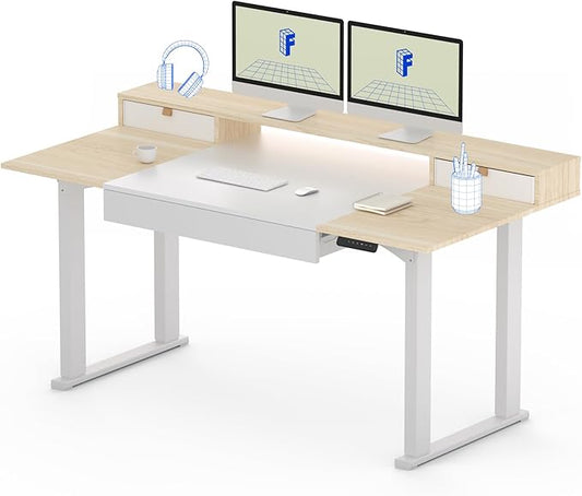 FLEXISPOT 4-Leg Standing Desk with Storage 71x32 in Electric Adjustable Height with 3 Drawers & Shelving Home Office Workstation (White + Maple Top)