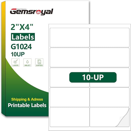 Gemsroyal 2"×4" Address Labels Printable,4×2 inch White Matte Shipping Label Stickers for Laser/Inkjet Printer,4"×2" Name Tags Custom Sticker Paper,40 Sheets,400 Blank Labels in Total
