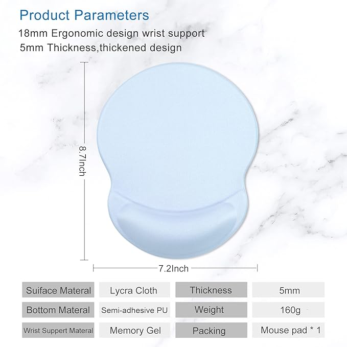 ITNRSIIET Ergonomic Mouse Pad with Gel Wrist Support Small Wrist Rest Smooth Surface Non-Slip PU Base Comfortable Office Supplies Pain Relief, 8.7 x 7.2 inches, Blue
