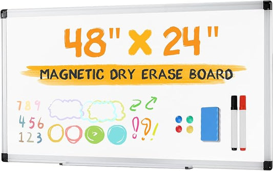 NEWBULIG White Board, 48" x 24" Magnetic Dry Erase Board for Wall with 1 Dry Eraser & 2 Multi-Color Markers & 4 Magnetic Pins, Silver Aluminum Frame for Office, Home, School