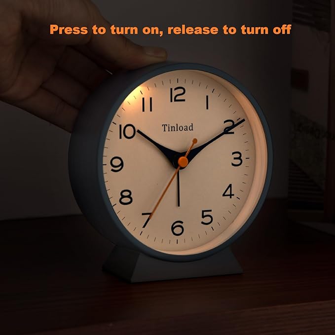 Tinload 4.5" Battery Operated Retro Analog Alarm Clock, Small Silent Bedside Desk Clock,Lighted on Demand, Battery Operated, Snooze, for Living Room, Bedroom, Bedside, Desk(Blue)