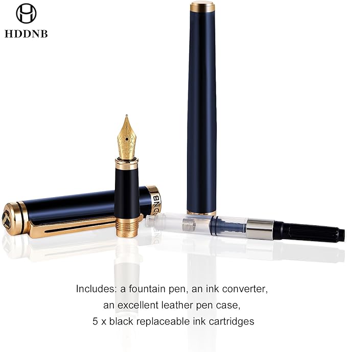 HDDNB Blue Luxury Fountain Pen Set for Men and Women with Gift Box, 24K Gold Finish and Gilded Nib(Fine) with 5 Black Ink Cartridges and Converter
